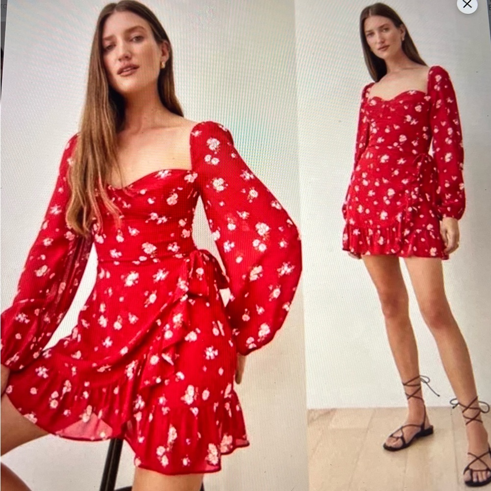 Reformation cami long sleeve cassia red floral mini dress size 2